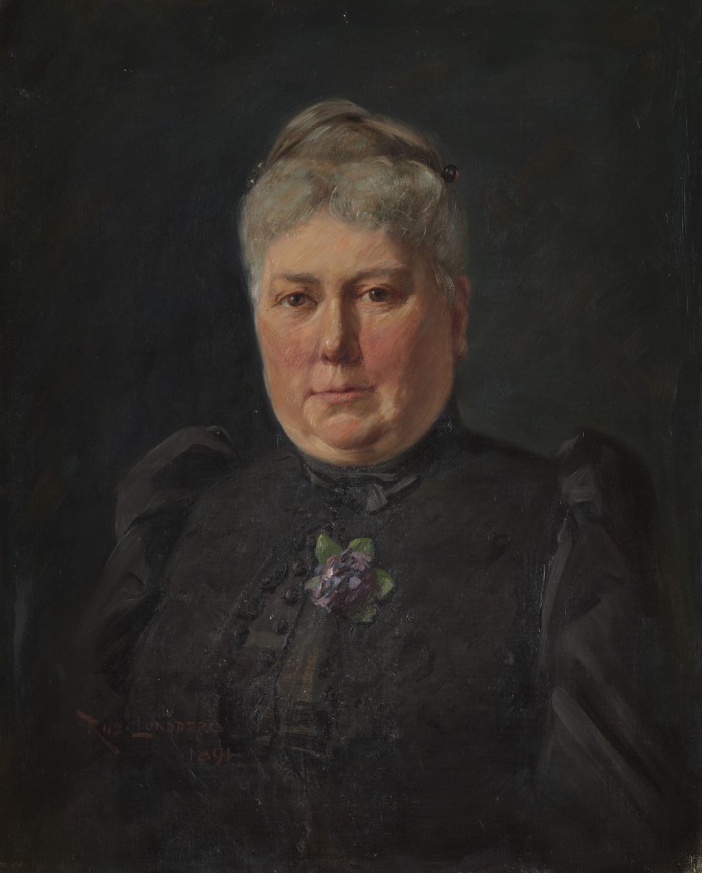 kvinna med benvitt dräktliv bakifrån, med garneringar i orange, 1890-tal